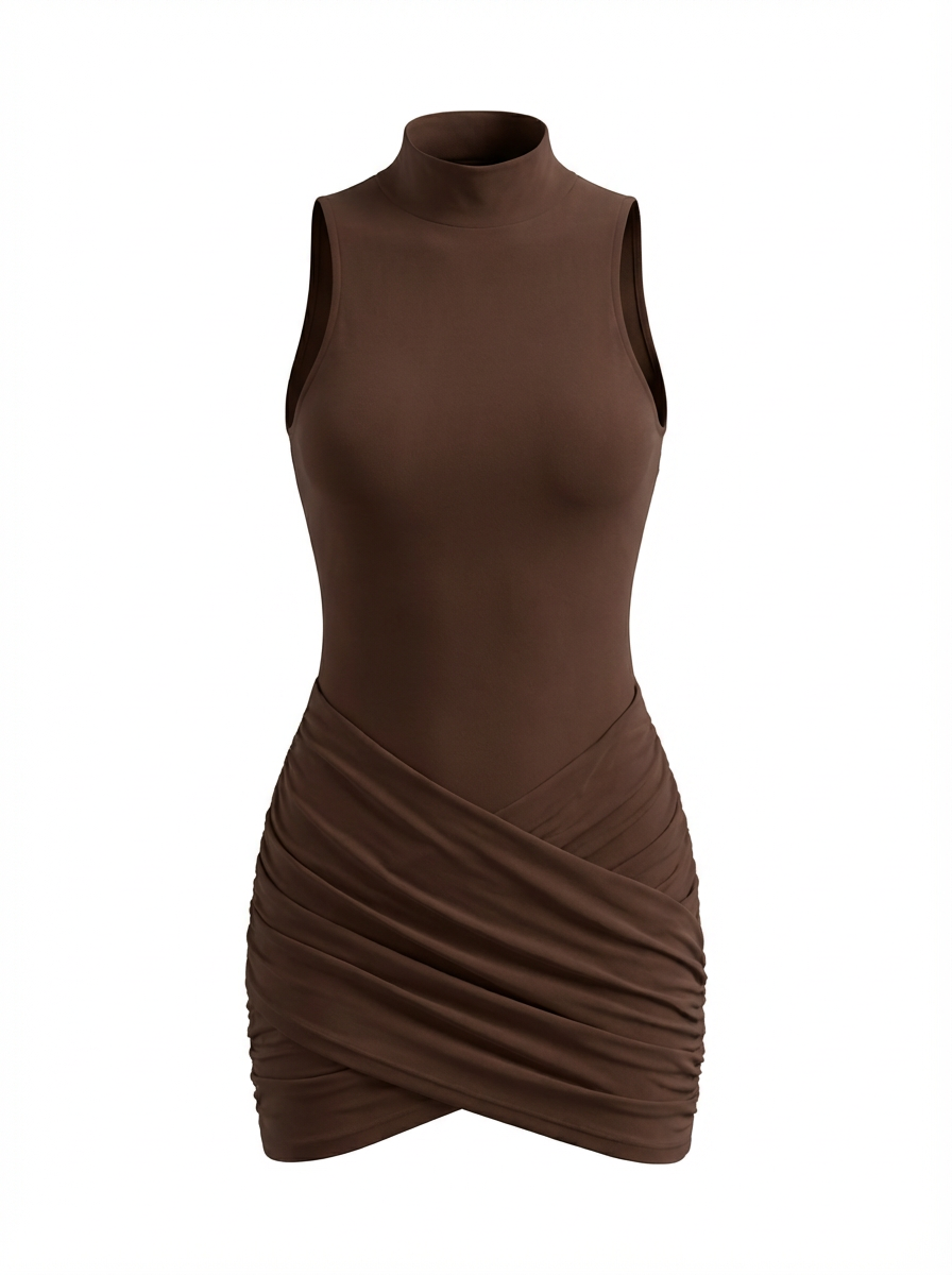Kahve Çapraz Detay Mini Elbise